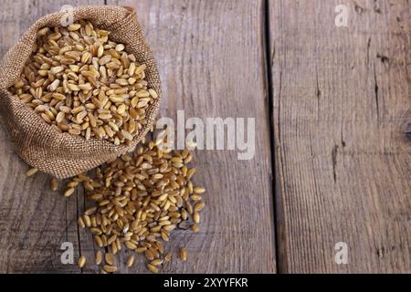 Il frumento in piccoli sacchi di tela sul rustico sfondo di legno Foto Stock