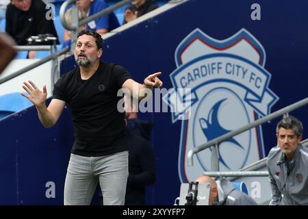 Cardiff, Regno Unito. 31 agosto 2024. Erol Bulut, il manager della città di Cardiff, reagisce sulla linea di contatto. Partita del campionato EFL Skybet, Cardiff City contro Middlesbrough al Cardiff City Stadium di Cardiff, Galles, sabato 31 agosto 2024. Questa immagine può essere utilizzata solo per scopi editoriali. Solo per uso editoriale, foto di Andrew Orchard/Andrew Orchard fotografia sportiva/Alamy Live news credito: Andrew Orchard fotografia sportiva/Alamy Live News Foto Stock