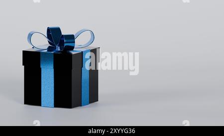 Sofisticata confezione regalo dal design minimalista. Fiocco blu brillante in contrasto con il nero. Sfondo bianco. Ideale per la progettazione grafica e il marketing Foto Stock
