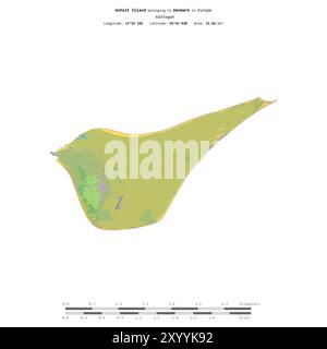 Isola di Anholt nel Kattegat, appartenente alla Danimarca, isolata su una mappa topografica in stile OSM, con scala di distanza Foto Stock