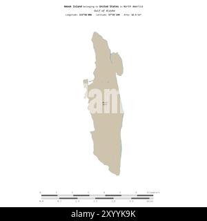 Amook Island nel Golfo dell'Alaska, appartenente agli Stati Uniti, isolata su una mappa topografica in stile OSM, con scala di distanza Foto Stock