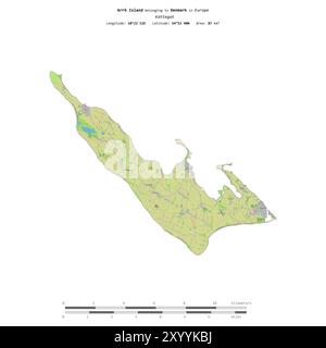 Isola di Arro nel Kattegat, appartenente alla Danimarca, isolata su una mappa topografica in stile OSM, con scala di distanza Foto Stock