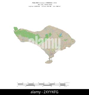 Pulau Bali nel Mare di Bali, appartenente all'Indonesia, isolato su una mappa topografica in stile OSM standard, con scala di distanza Foto Stock