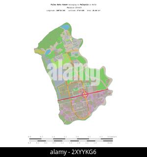 Pulau Batu Kawan nello stretto di Malacca, appartenente alla Malesia, isolato su una mappa topografica in stile standard OSM, con scala di distanza Foto Stock