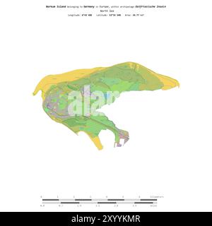 Isola di Borkum nel Mare del Nord, appartenente alla Germania, isolata su una mappa topografica in stile OSM, con scala di distanza Foto Stock