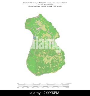 Isola Caluya nel Mare di Sulu, appartenente alle Filippine, isolata su una mappa topografica in stile OSM, con scala di distanza Foto Stock