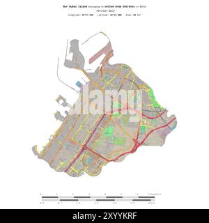 Bur Dubai Island nel Golfo Persico, appartenente agli Emirati Arabi Uniti, isolata su una mappa topografica in stile OSM, con scala di distanza Foto Stock