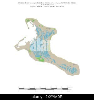 Christmas Island nell'Oceano Pacifico settentrionale, appartenente a Kiribati, isolata su una mappa topografica in stile OSM, con scala di distanza Foto Stock