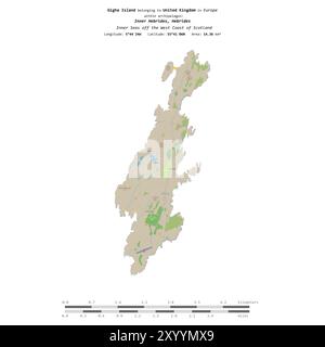 Isola di Gigha nel Mare interno al largo della costa occidentale della Scozia, appartenente al Regno Unito, isolata su una mappa topografica in stile standard OSM, con di Foto Stock