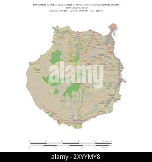 Isola di Gran Canaria nell'Oceano Atlantico settentrionale, appartenente alla Spagna, isolata su una mappa topografica in stile OSM, con scala di distanza Foto Stock