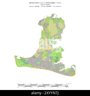 Hayling Island nel Canale della Manica, appartenente al Regno Unito, isolata su una mappa topografica in stile OSM, con scala di distanza Foto Stock