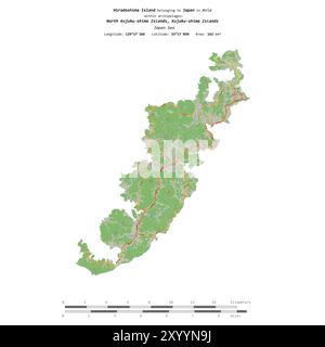 Isola di Hiradoshima nel Mar del Giappone, appartenente al Giappone, isolata su una mappa topografica in stile OSM, con scala di distanza Foto Stock