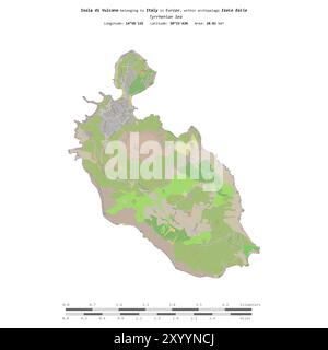 Isola di Vulcano nel Mar Tirreno, appartenente all'Italia, isolata su una mappa topografica in stile OSM, con scala di distanza Foto Stock
