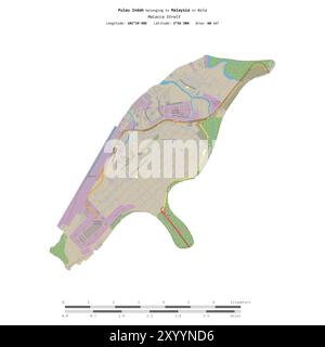 Pulau Indah nello stretto di Malacca, appartenente alla Malesia, isolato su una mappa topografica in stile OSM, con scala di distanza Foto Stock