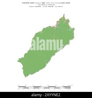 Isola Itsukushima nel Seto Naikai o Mare interno, appartenente al Giappone, isolata su una mappa topografica in stile OSM, con scala di distanza Foto Stock