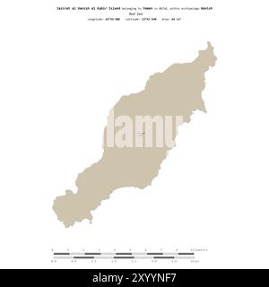 Isola Jazirat al Hanish al Kabir nel Mar Rosso, appartenente allo Yemen, isolata su una mappa topografica in stile standard OSM, con scala di distanza Foto Stock