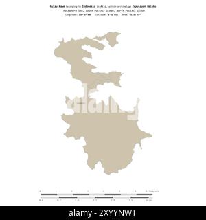 Pulau Kawe nel Mare di Halmahera, appartenente all'Indonesia, isolato su una mappa topografica in stile OSM, con scala di distanza Foto Stock