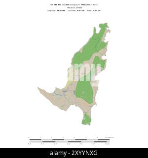 Isola di Ko Yao noi nello stretto di Malacca, appartenente alla Thailandia, isolata su una mappa topografica in stile OSM, con scala di distanza Foto Stock