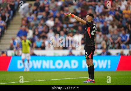 Emiliano Martinez dell'Aston Villa durante la partita di Premier League al King Power Stadium di Leicester. Data foto: Sabato 31 agosto 2024. Foto Stock