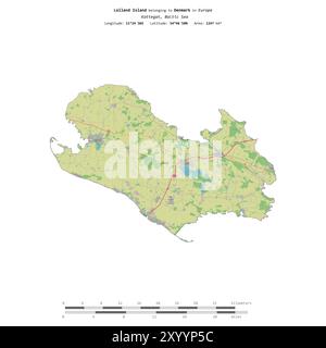 Isola di Lolland nel Kattegat, appartenente alla Danimarca, isolata su una mappa topografica in stile OSM, con scala di distanza Foto Stock