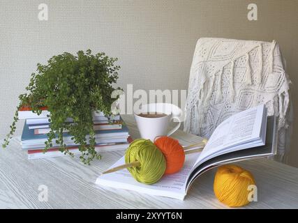 Maglieria, libri, tè e scialle sul tavolo. Parte dell'abitacolo Foto Stock