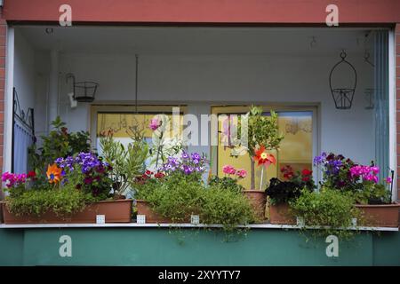 Balcone con molte piante e fiori a Berlino Foto Stock