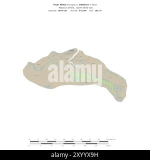 Pulau Rantau nello stretto di Malacca, appartenente all'Indonesia, isolato su una mappa topografica in stile OSM, con scala di distanza Foto Stock