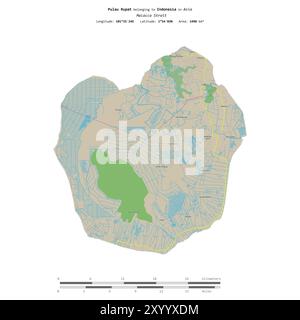 Pulau Rupat nello stretto di Malacca, appartenente all'Indonesia, isolato su una mappa topografica in stile OSM, con scala di distanza Foto Stock