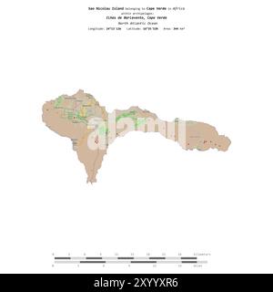 Isola Sao Nicolau nell'Oceano Atlantico settentrionale, appartenente a Capo Verde, isolata su una mappa topografica in stile OSM, con scala di distanza Foto Stock