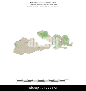Pulau Sumbawa nel Mare di Bali, appartenente all'Indonesia, isolato su una mappa topografica in stile OSM, con scala di distanza Foto Stock