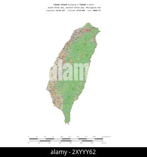 Isola di Taiwan nel Mar delle Filippine, appartenente a Taiwan, isolata su una mappa topografica in stile standard OSM, con scala di distanza Foto Stock