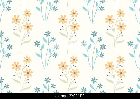Un motivo a ripetizione di fiori gialli e blu stilizzati su sfondo bianco, che crea un design floreale delicato ed elegante. Illustrazione Vettoriale