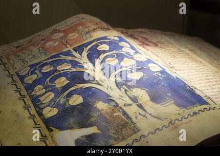 arbol de la filosofia del amor, 1298, Ramon llull, miniatura en la que Ramon llull presenta su obra a Felipe IV el hermoso, museo diocesano de mallorc Foto Stock