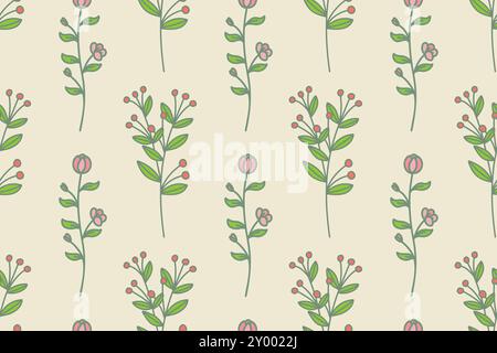 Un motivo senza cuciture caratterizzato da delicati fiori rosa e fogliame verde su uno sfondo chiaro. Illustrazione Vettoriale