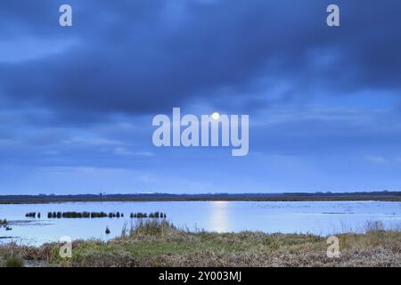 Luna piena di notte sul lago con lunga esposizione Foto Stock