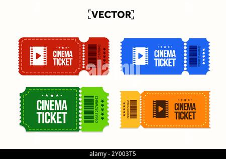 biglietto per cinema o teatro 3d con codice a barre, stella di valutazione, icona del film in rosso, blu, verde e giallo, isolato su sfondo bianco. Set di modelli icona ticket film. illustrazione vettoriale 3d. Illustrazione vettoriale Illustrazione Vettoriale