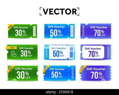 Set di buoni 3d per gradiente luminoso con codice coupon, percentuale di sconto, codice a barre, isolati su sfondo bianco. Set di modelli di voucher regalo. Set di buoni nell'illustrazione vettoriale. Illustrazione vettoriale Illustrazione Vettoriale