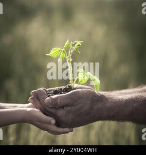 Bambino e anziano che tiene in mano la pianta verde. Concetto di ecologia Foto Stock