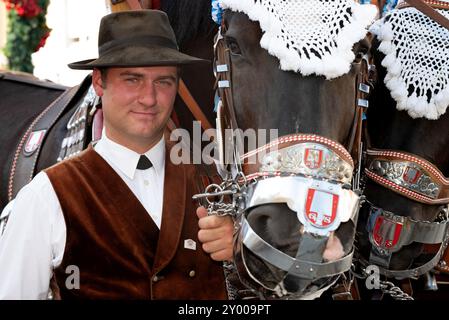 Tradizionale festa popolare a Muehldorf, Mühldorf am Inn, alta Baviera, Germania, agosto 30 2024, un uomo in abito tradizionale si trova accanto a un cavallo-dra Foto Stock