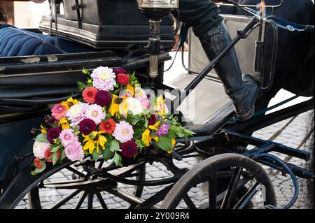 Tradizionale festa popolare a Muehldorf, Mühldorf am Inn, alta Baviera, Germania, agosto 30 2024, dettaglio di una carrozza trainata da cavalli decorata con flowe Foto Stock