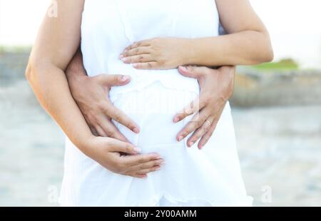 L uomo e la giovane donna incinta abbracciando all'esterno. La famiglia e il concetto di natalità Foto Stock