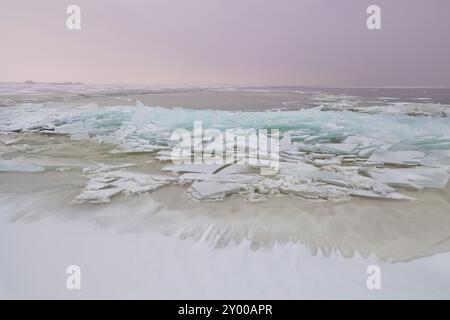 Ghiaccio sul Mare del Nord in inverno al tramonto Foto Stock