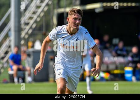 Landore, Swansea, Galles. 31 agosto 2024. Morgan Bates di Swansea City durante il match Under 18 Professional Development League tra Swansea City e Coventry City al JOMA High Performance Centre di Landore, Swansea, Galles, Regno Unito, il 31 agosto 2024. Crediti: Duncan Thomas/Majestic Media/Alamy Live News. Foto Stock