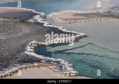 Il bordo frastagliato della Double Pool nel parco nazionale di Yellowstone è costituito da geyserite Foto Stock