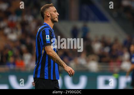 Milano, Italia. 30 agosto 2024. Marko Arnautovic del FC Internazionale visto durante la partita di calcio di serie A 2024/25 tra FC Internazionale e Atalanta BC allo stadio Giuseppe Meazza. Punteggio finale; Inter 4:0 Atalanta. (Foto di Fabrizio Carabelli/SOPA Images/Sipa USA) credito: SIPA USA/Alamy Live News Foto Stock