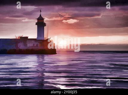 Immagine in stile acquerello del faro all'alba Foto Stock