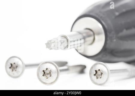 Avvitatore a batteria con viti per legno Foto Stock