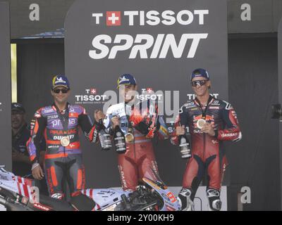 Vincitore del podio Sprint Race 93 Marc Maquez (Spa-Gresini Racing Ducati), 89 Jorge Martin (Spa-Pramac Racing Ducati) e 31 Pedro Acosta (Spa-GASGAS Factory Racing) durante il Moto Grand Prix GoPro di Aragon Sprint Race MotoGP sabato, MotoGP di Spagna sul circuito Motorland di Alcaniz il 31 agosto 2024 ad Alcaniz, Spagna. Foto Stock