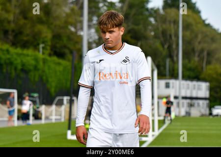 Landore, Swansea, Galles. 31 agosto 2024. Kai Rhodes di Swansea City durante la partita Under 18 Professional Development League tra Swansea City e Coventry City al JOMA High Performance Centre di Landore, Swansea, Galles, Regno Unito, il 31 agosto 2024. Crediti: Duncan Thomas/Majestic Media/Alamy Live News. Foto Stock