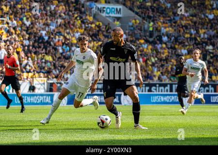 Lamar Yarbrough (Alemannia Aachen, #25) TSV Alemannia Aachen vs. FC Erzgebirge Aue, Fussball, 3. Liga, 4. Spieltag, Saison 2024/2025, 31.08.2024, foto: Eibner-Pressefoto/Justin Derondeau LE NORMATIVE DFB VIETANO QUALSIASI USO DI FOTOGRAFIE COME SEQUENZE DI IMMAGINI E/O QUASI-VIDEO Foto Stock